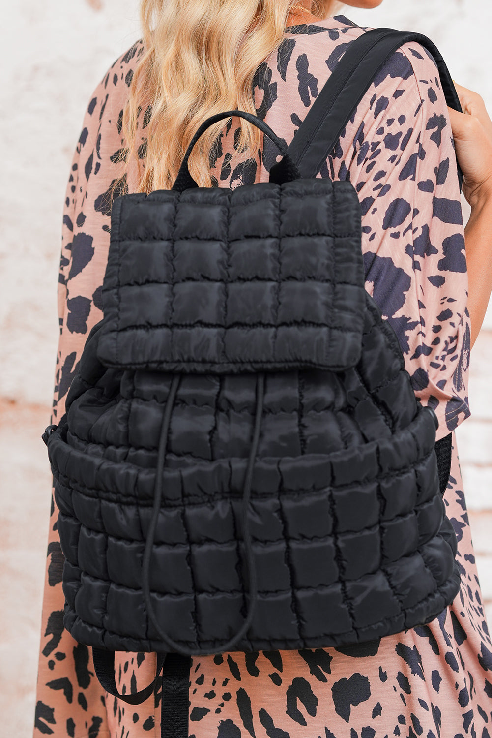 Pink Solid Flapped Quilted Puffer Backpack