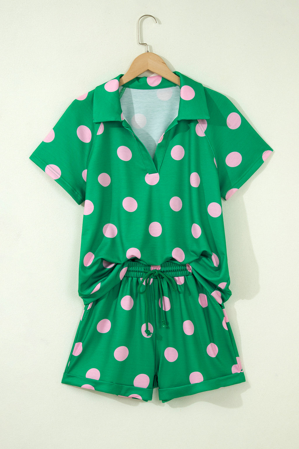 Pink Polka Dot Print V Neck Tee Short Set