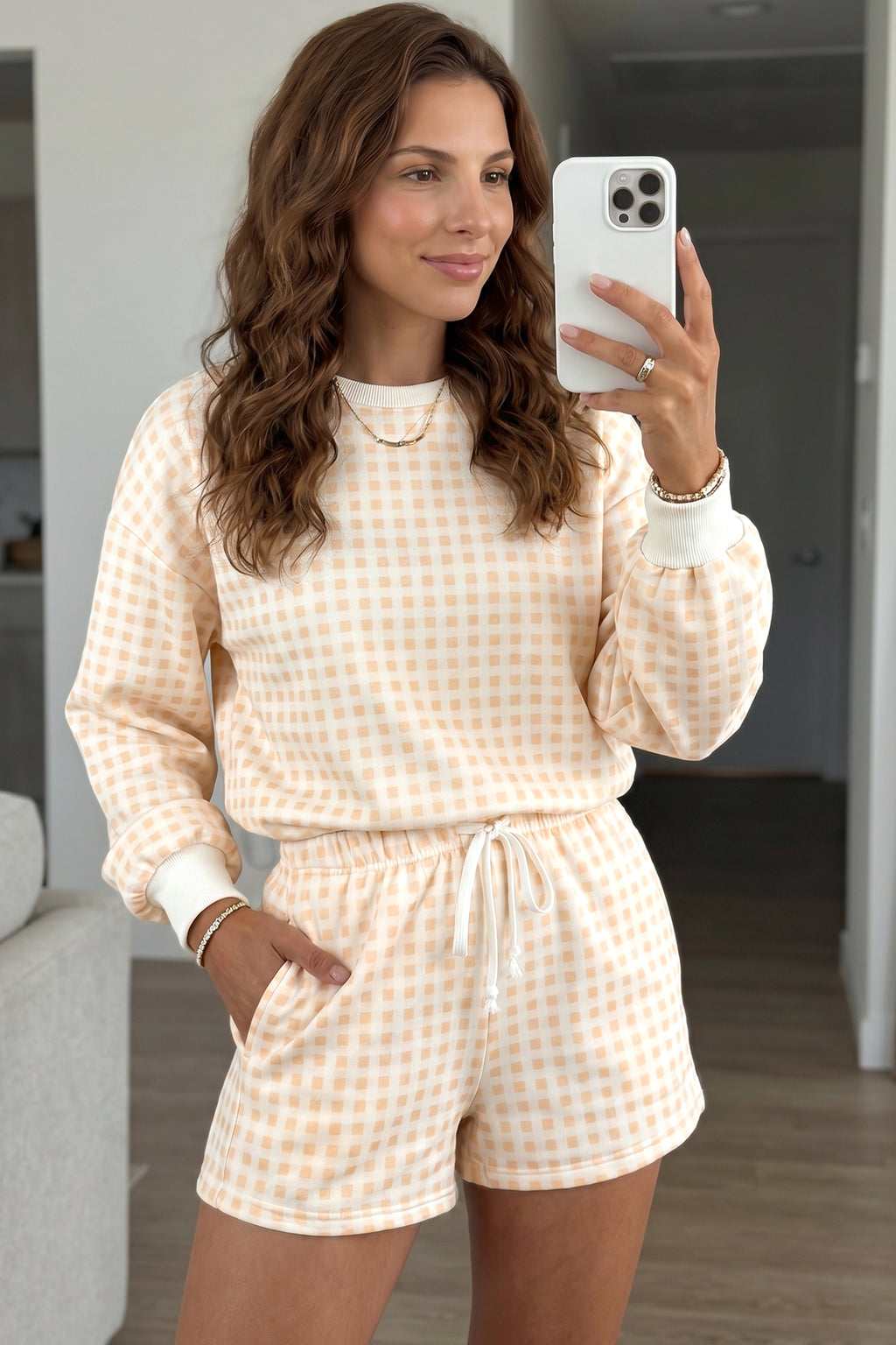 Pink Plaid Baggy Pullover Drawstring Casual Shorts 2pcs Outfit