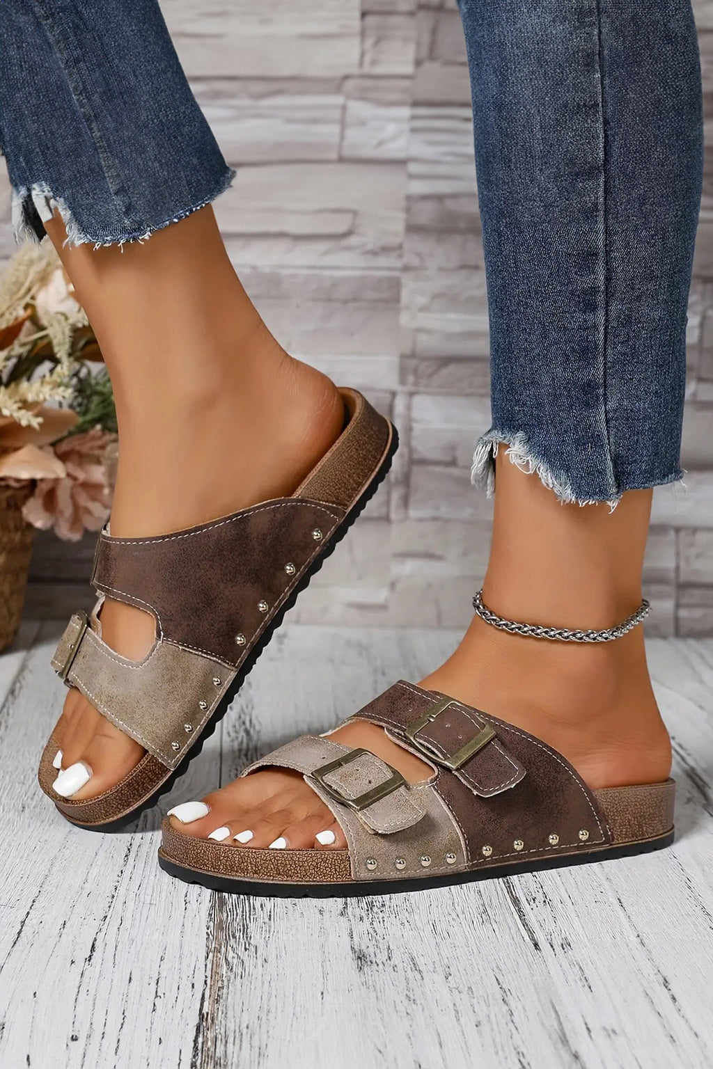 Sky Blue Denim Distressed Retro Buckle Straps Hollowed Faux Suede Slippers