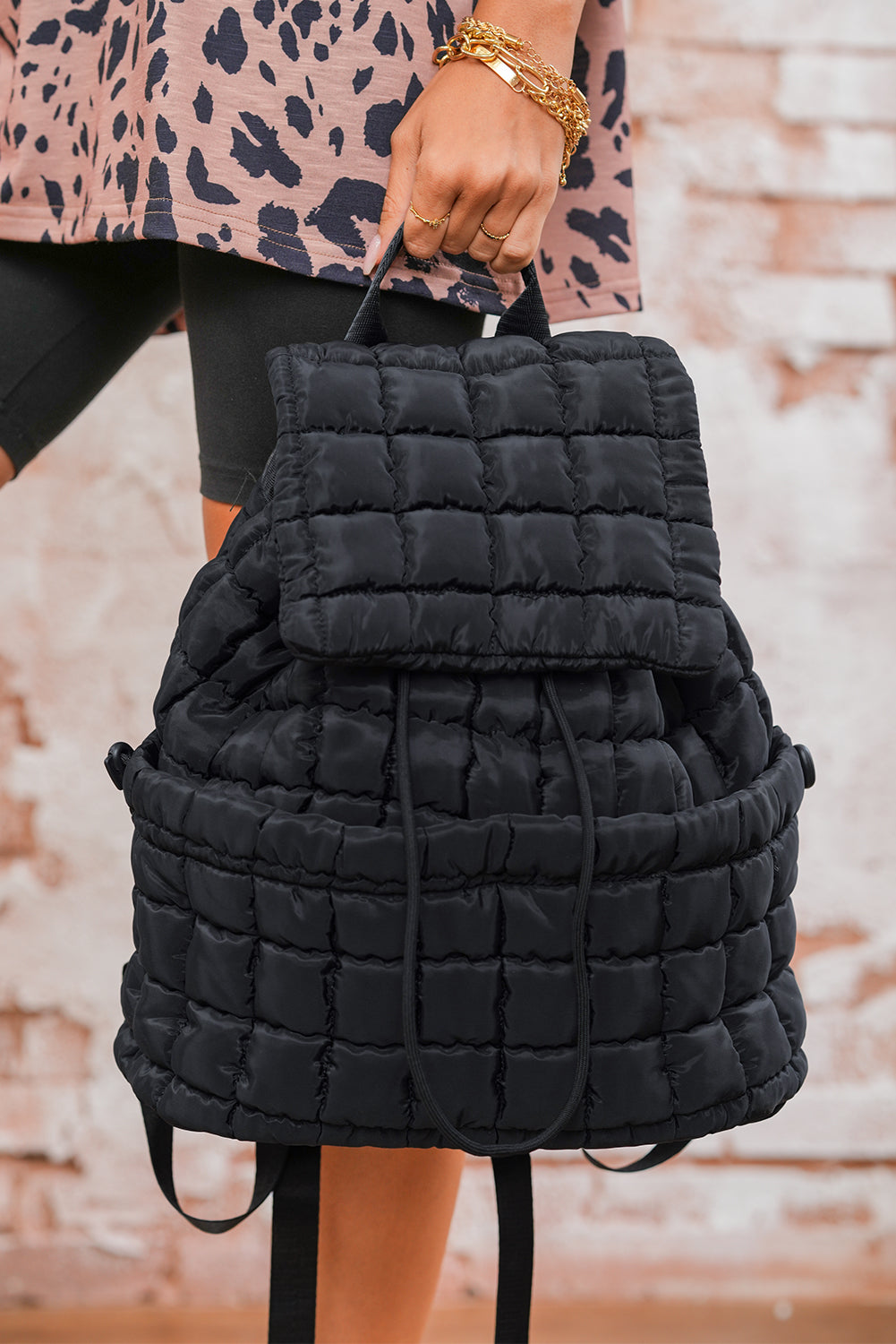 Pink Solid Flapped Quilted Puffer Backpack