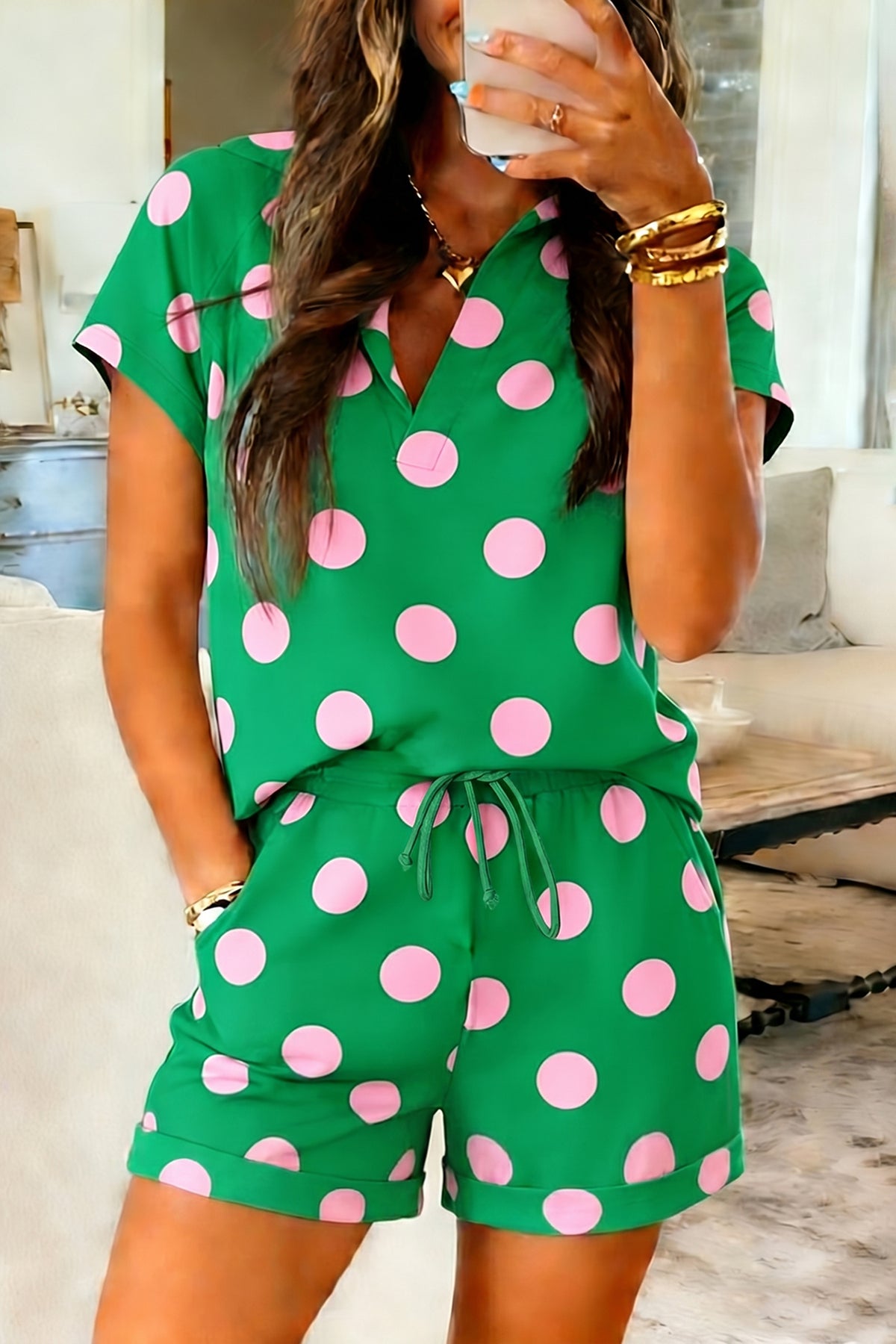 Pink Polka Dot Print V Neck Tee Short Set