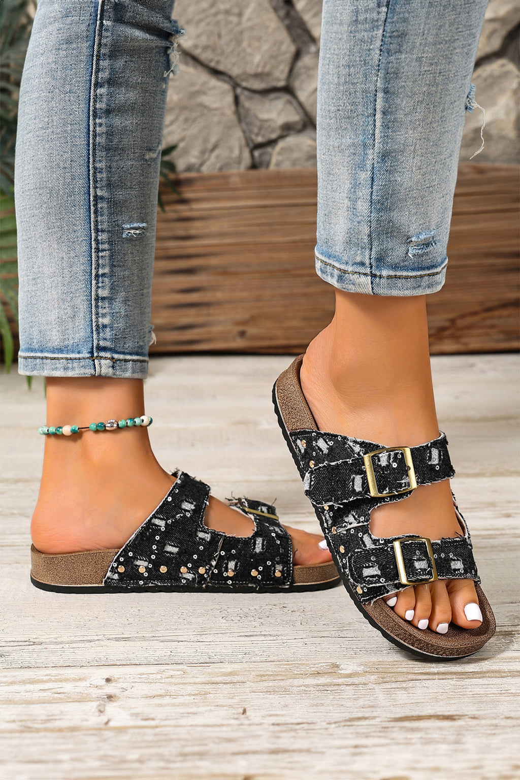 Sky Blue Denim Distressed Retro Buckle Straps Hollowed Faux Suede Slippers