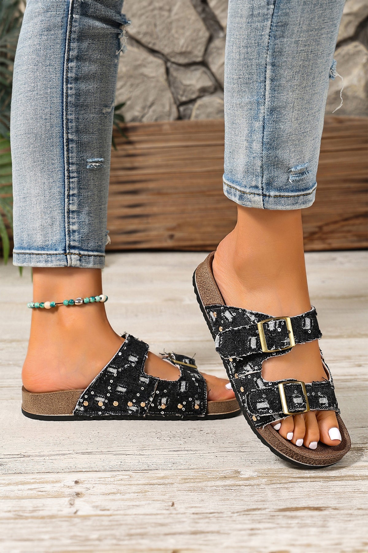 Sky Blue Denim Distressed Retro Buckle Straps Hollowed Faux Suede Slippers