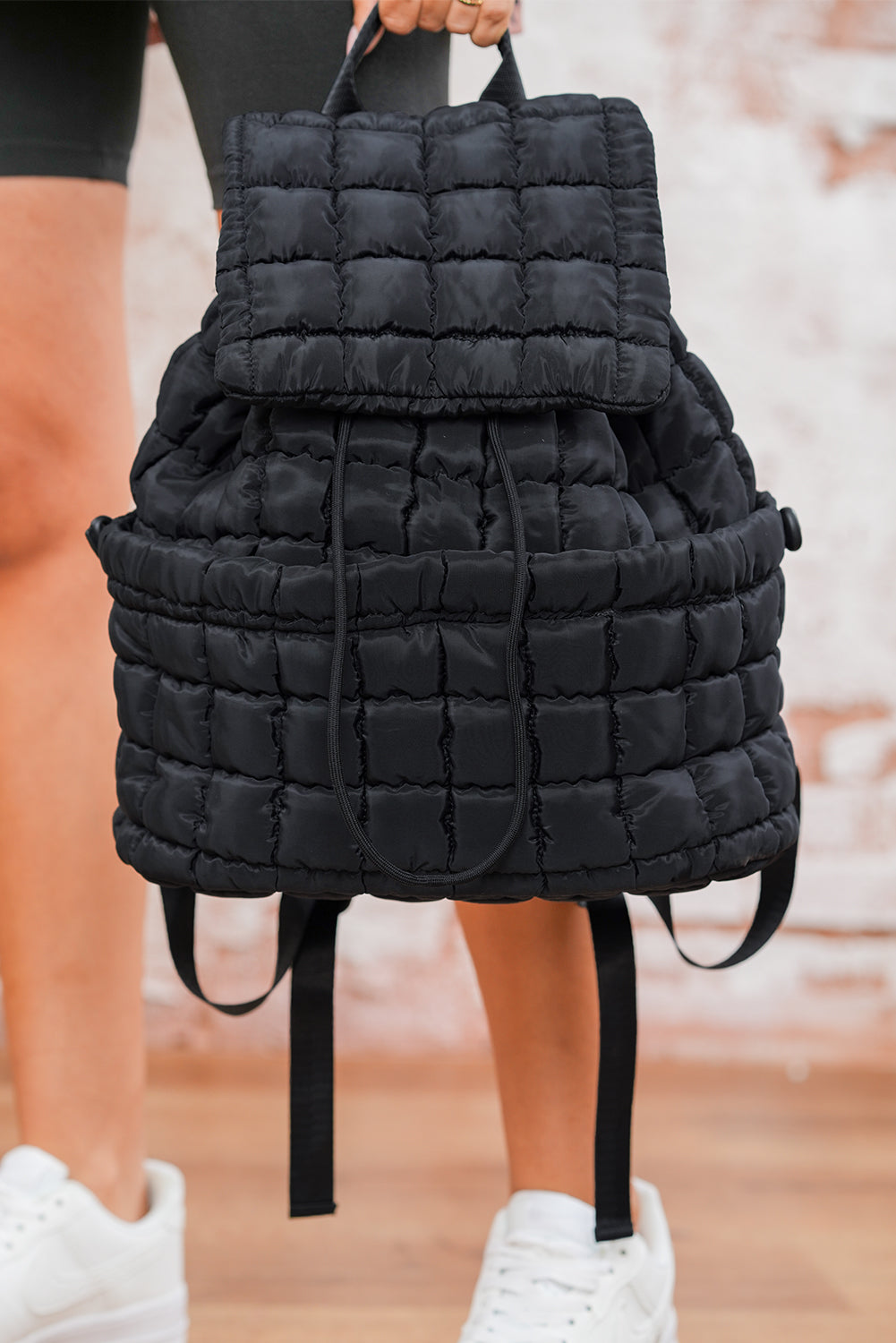 Pink Solid Flapped Quilted Puffer Backpack
