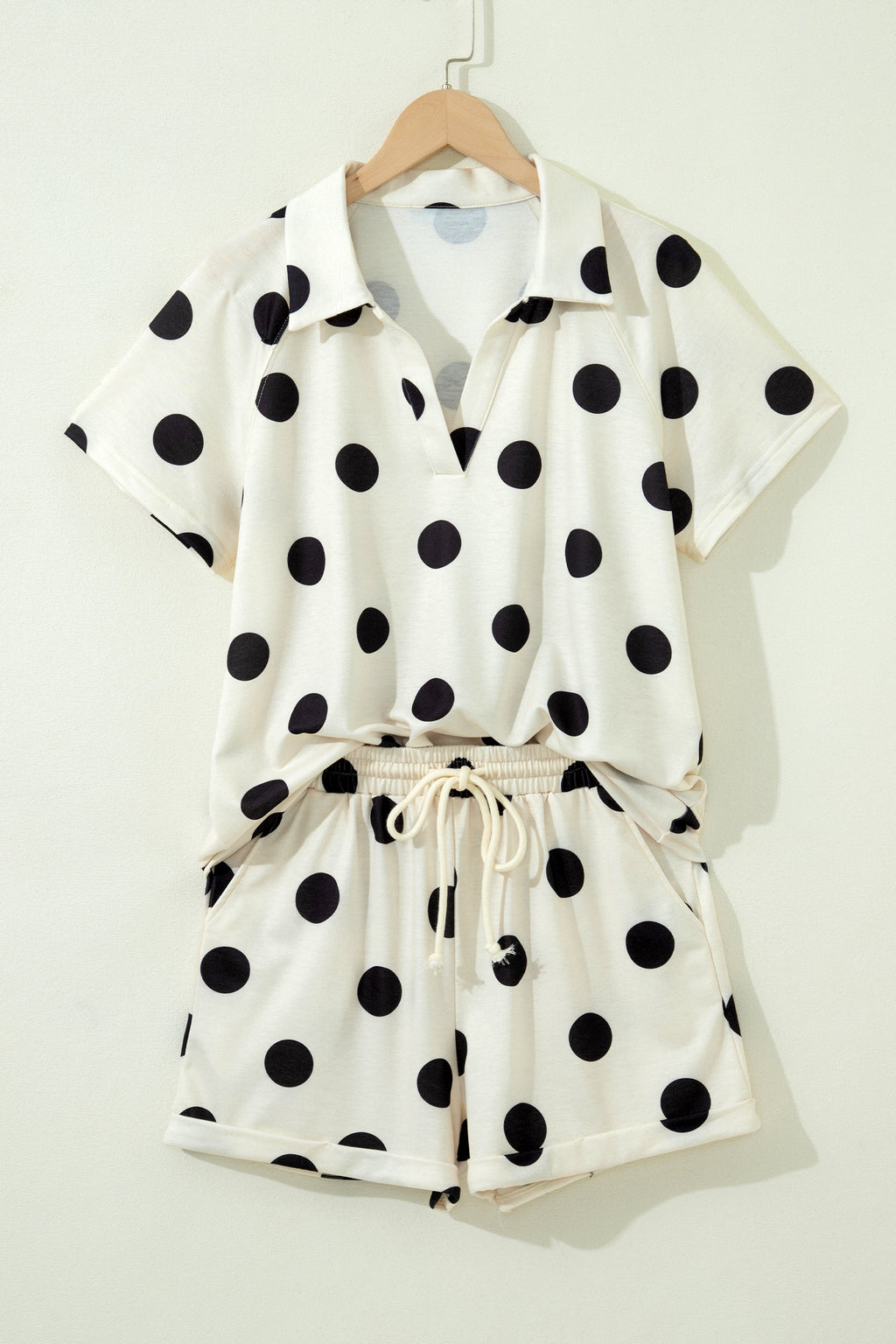 Pink Polka Dot Print V Neck Tee Short Set