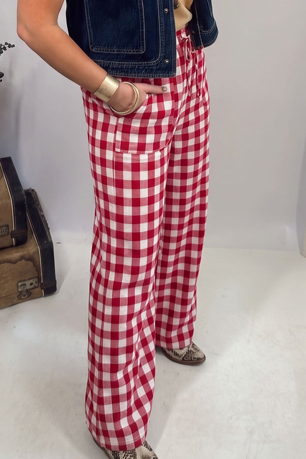 Red Gingham Plaid Tie Elastic Waist Shift Pants