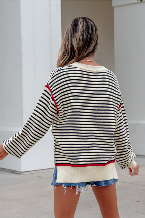 Black Stripe Ribbed Trim Drop Shoulder Oversized Sweater